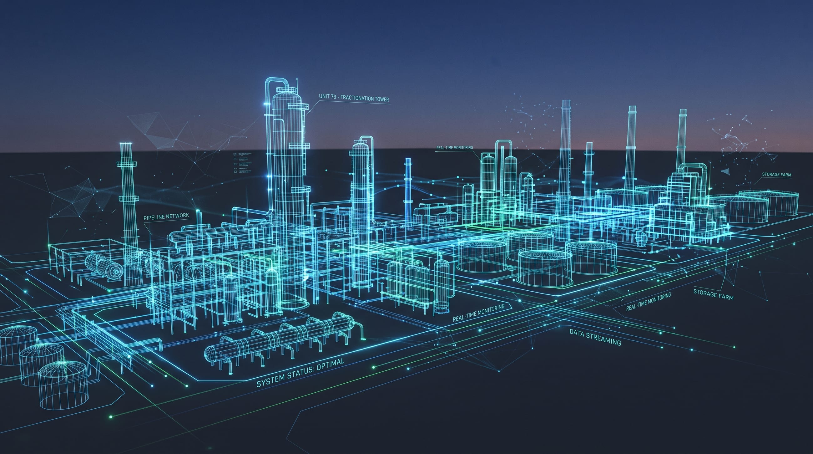 Digital twin wireframe visualization of a refinery with real-time monitoring overlays